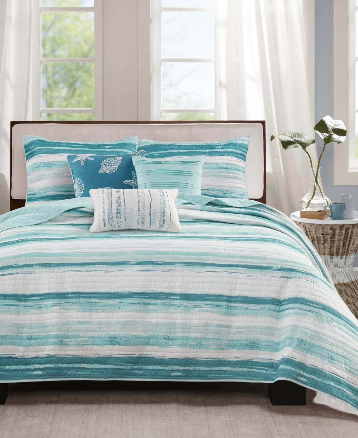 Marina Printed 6 Piece Quilt Set, Full/Queen - Aqua