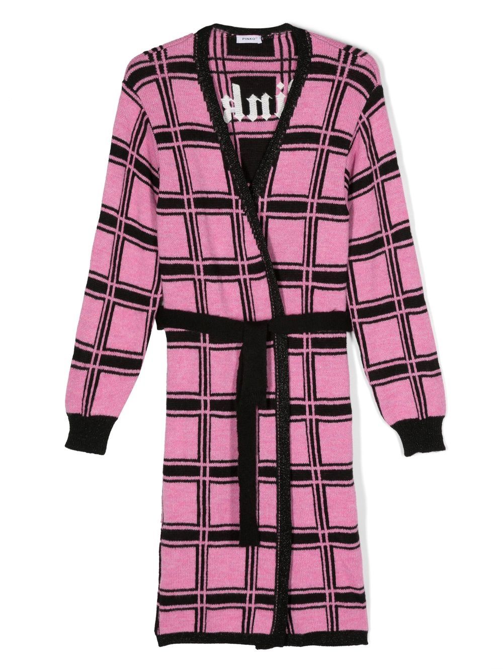 Check print belted knitted cardigan
