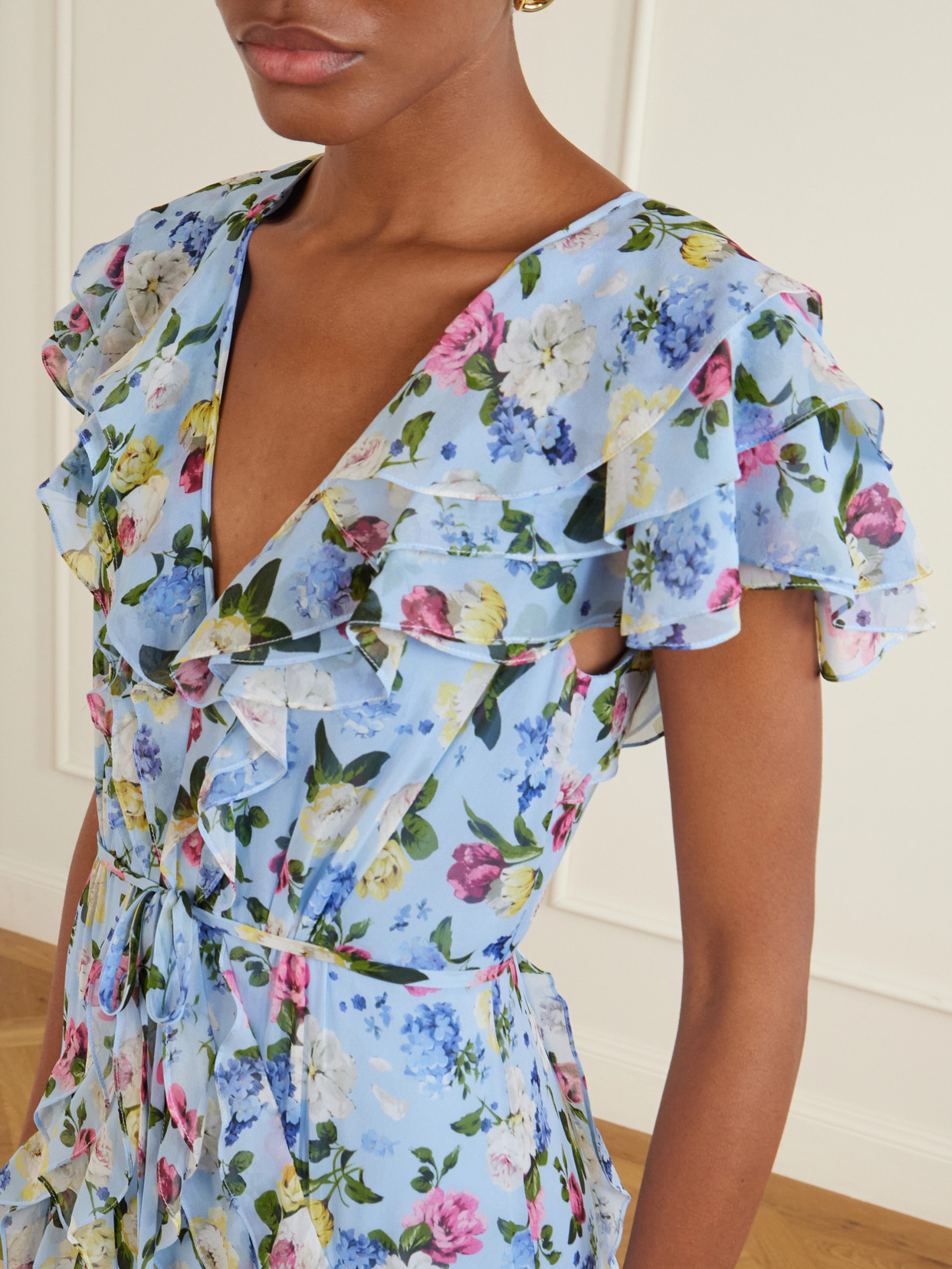Ruffled Floral-printed Silk Chiffon Gown - Blue