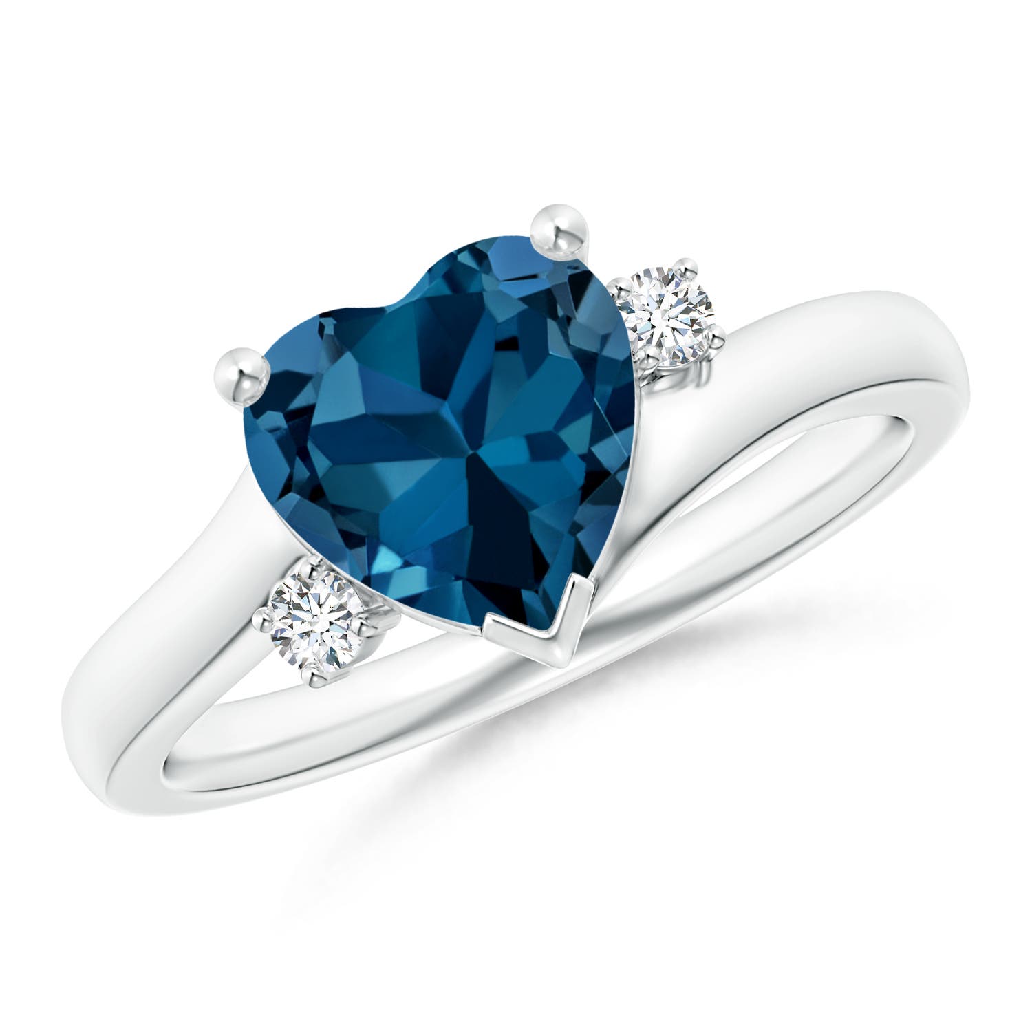 Angara 2.1 Carats Solitaire Heart London Blue Topaz Bypass Ring with Diamonds in Platinum