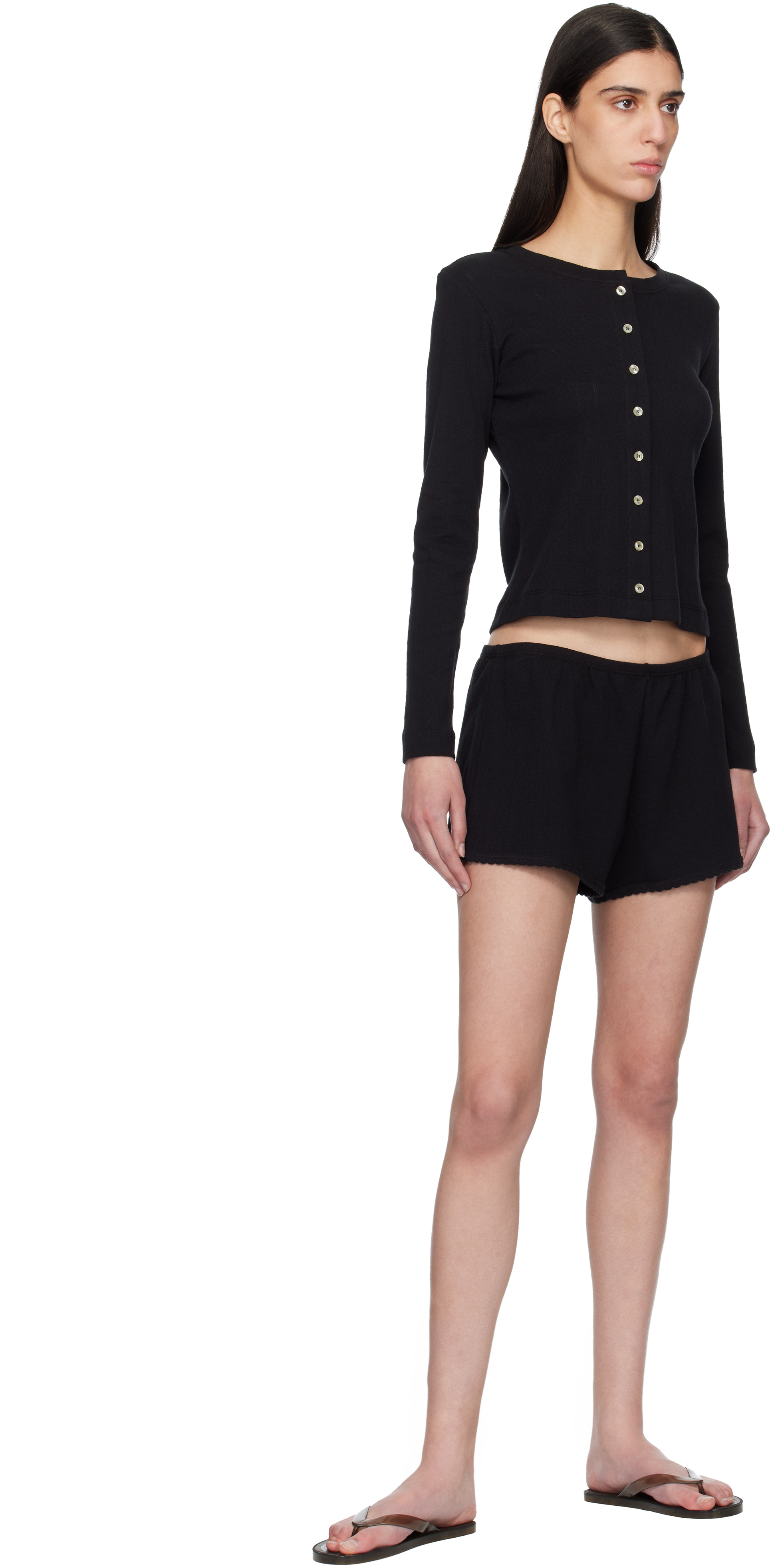 Black Pointelle Classic Crew Cardigan