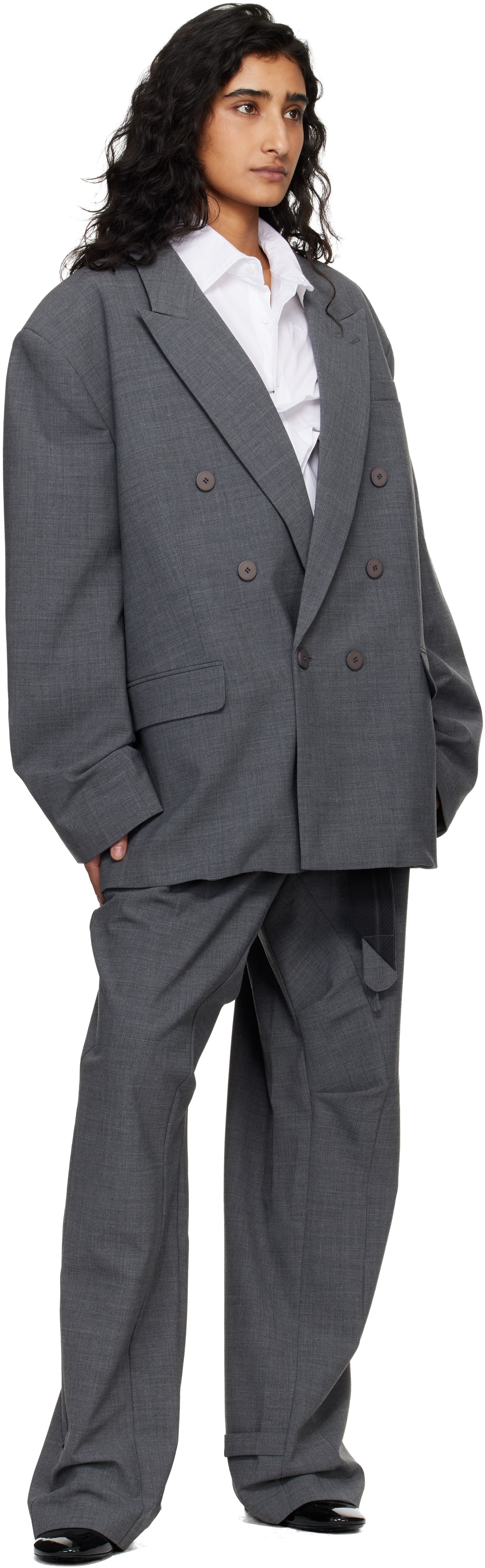 Gray Strapped Baggy Suit Trousers
