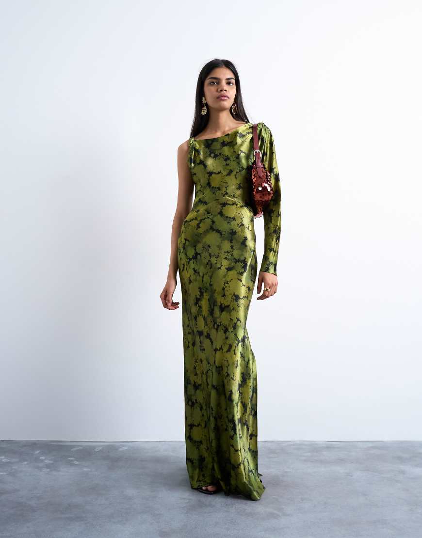 One sleeve twist strap satin maxi dress in green floral