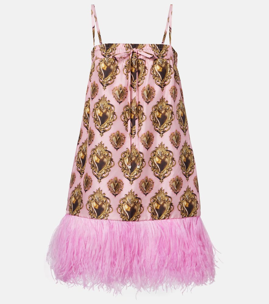 Feather-trimmed printed silk minidress