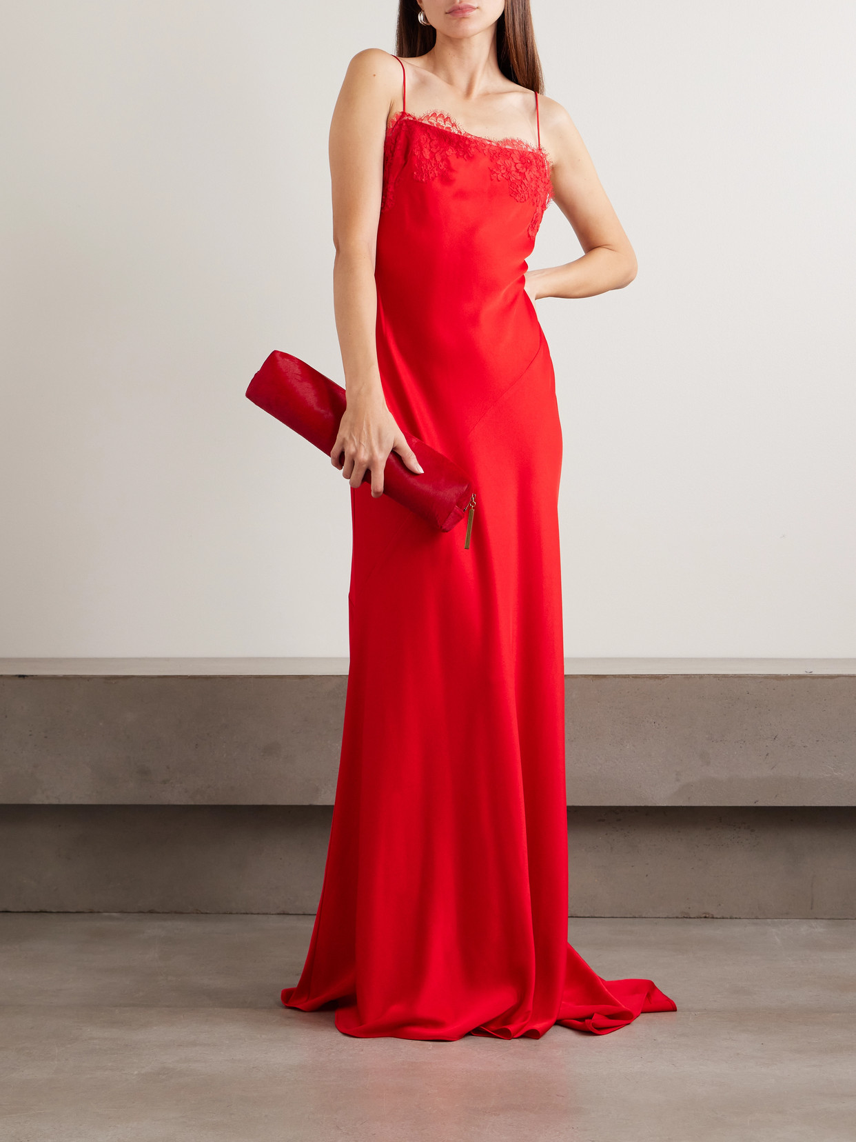 Lace-trimmed Satin-crepe Gown - Red