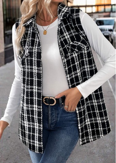 Modlily Black Patchwork Plaid Sleeveless Turn Down Collar Waistcoat