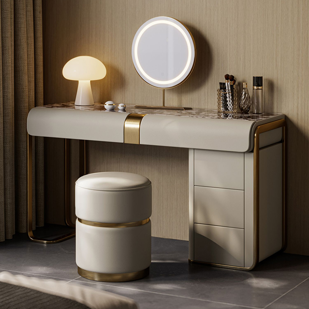 Modern Grey Makeup Vanity Set with Side Cabinet Dressing Table with Mirror & Stool