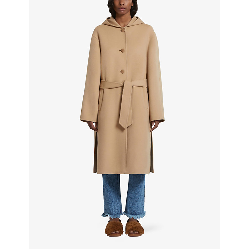 Womens Dijon Deconstructed-shoulder Adjustable-belt Relaxed-fit Wool-blend Hooded Coat 8