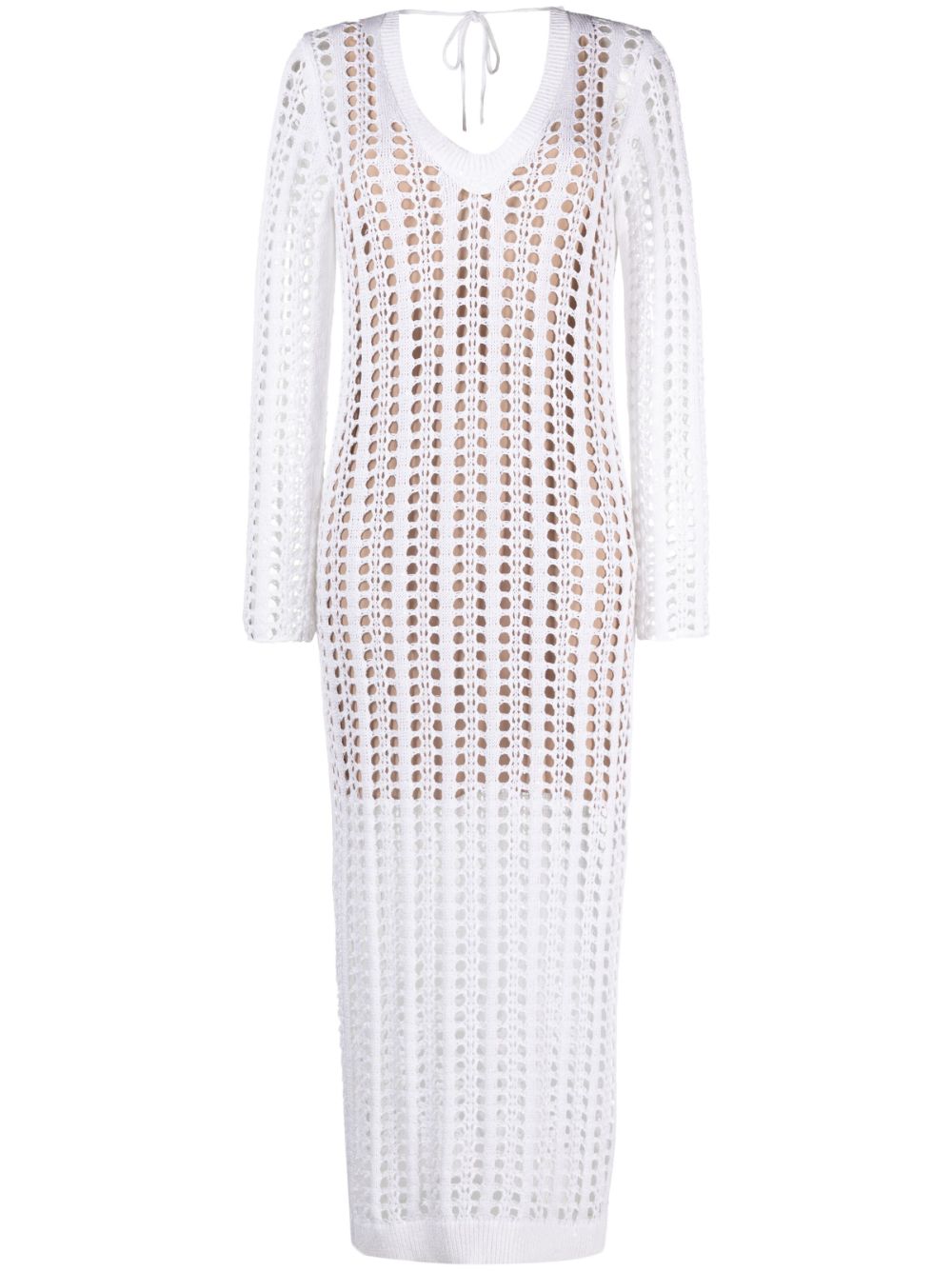 V-neck open-knit long dress - White