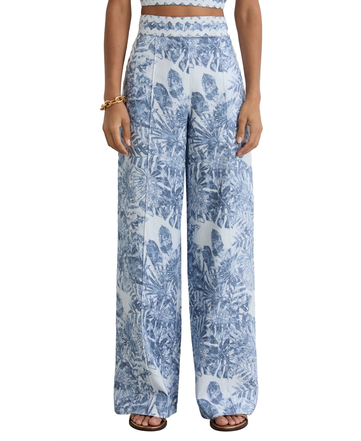 Women's Mila High-Waisted Wide-Leg Tropical-Print Linen Pants - Blue