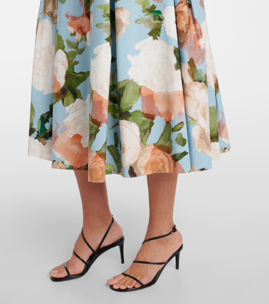 Floral pleated cotton midi skirt