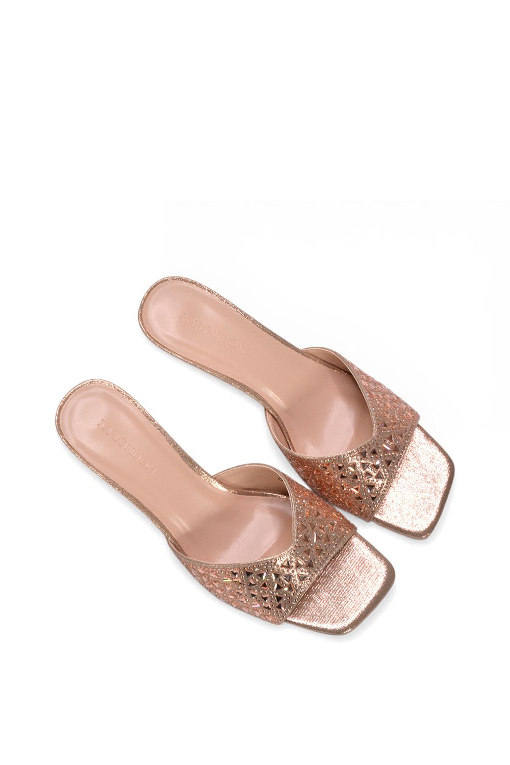 XY London Women's 'Georgia' Wedge Heel Diamante Square Peep Toe Heeled Mule Sandals in Rose Gold