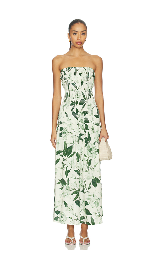 Verandah Smocked Summer Maxi Dress in Ivory & Emerald Green Magnolias. XL also in