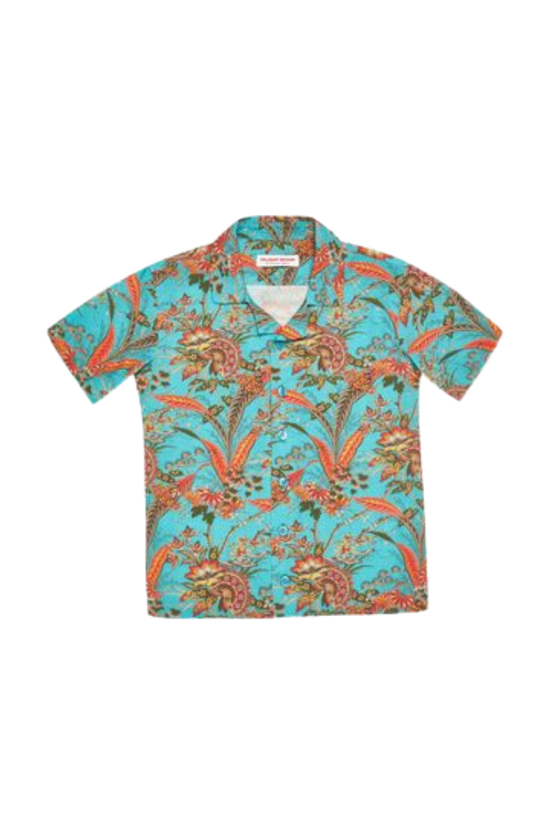 Lotus-Print Linen-Viscose Shirt — Turquoise