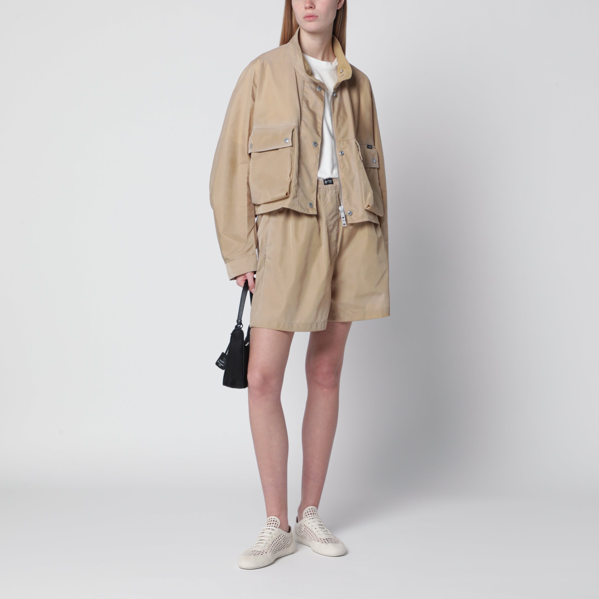 Short Re-Nylon raincoat in camel
