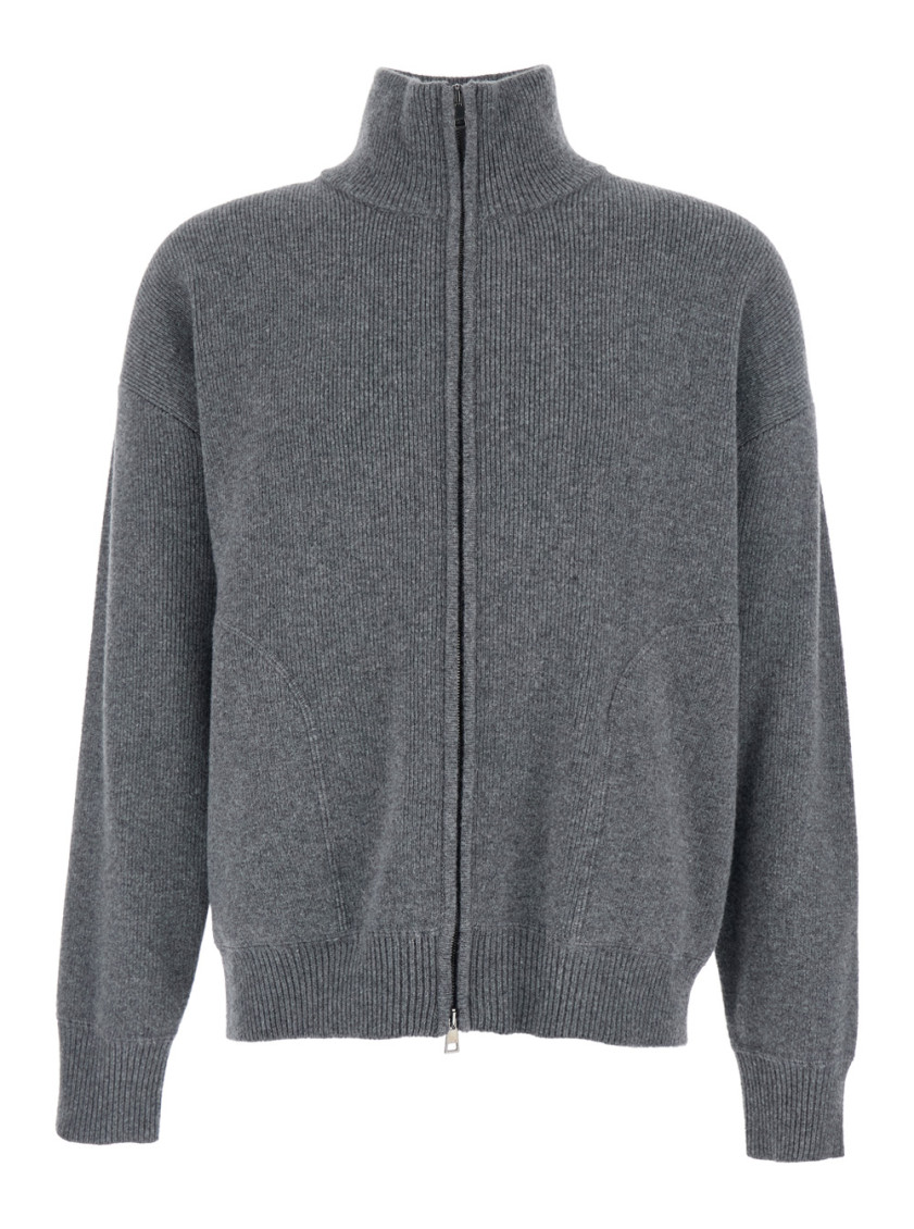 Grey Sweatshirt With Dropped Shoulders And Front Zip Closure In Wool Man