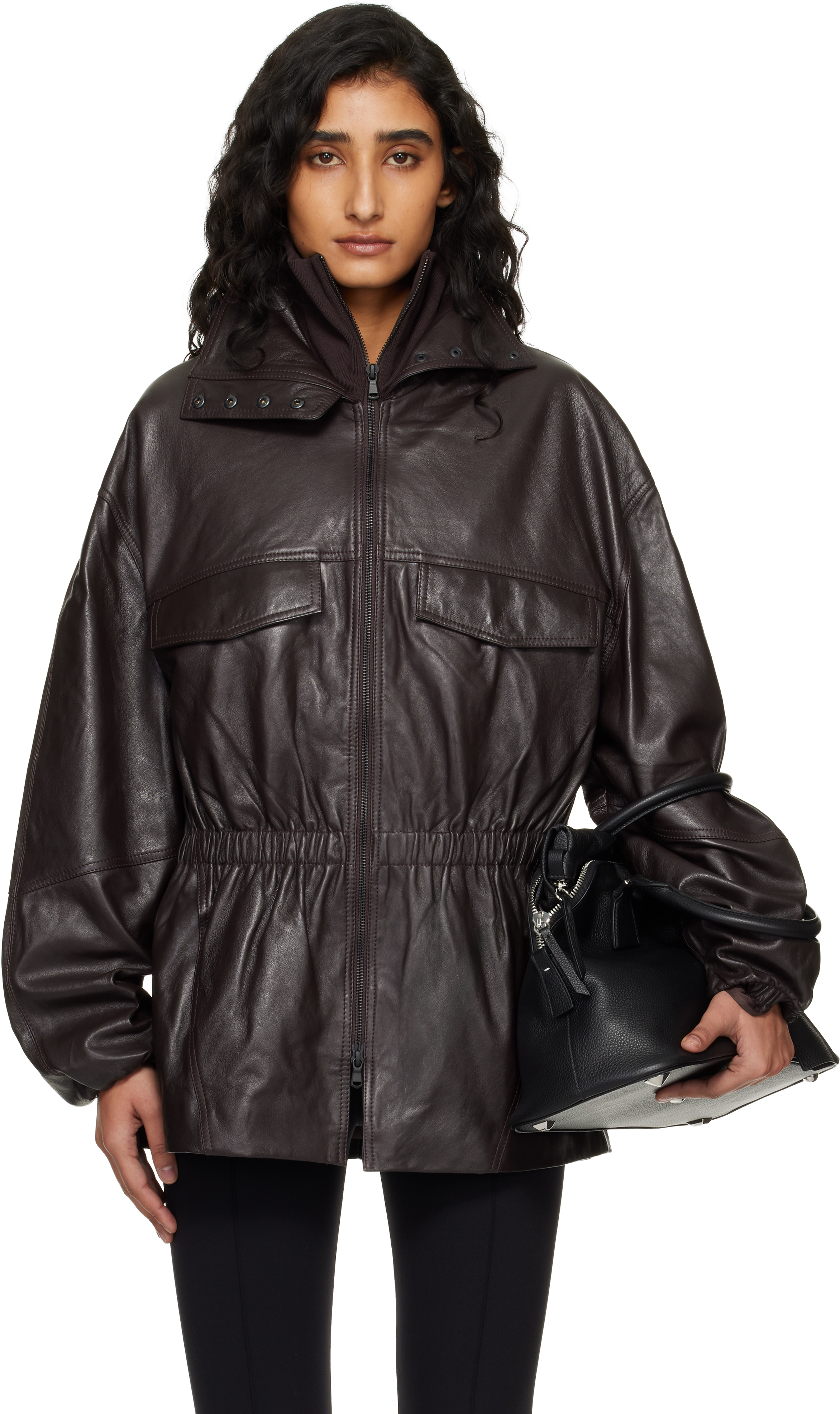 Burgundy Carnaby Funnel Neck Leather Jacket