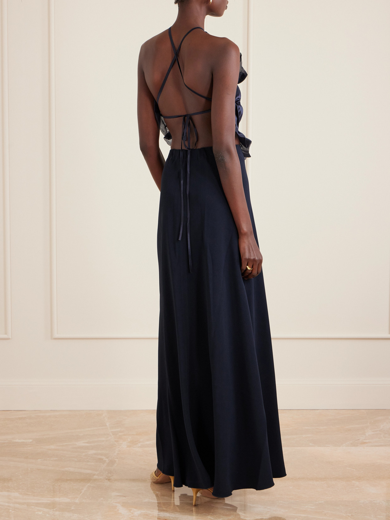 Open-back Ruched Ruffled Organza-trimmed Silk-satin Halterneck Gown - Blue