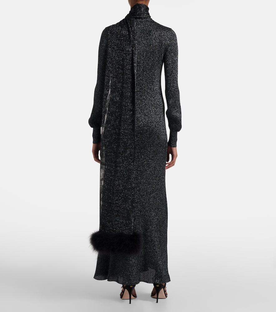 Feather-trimmed lamé maxi dress