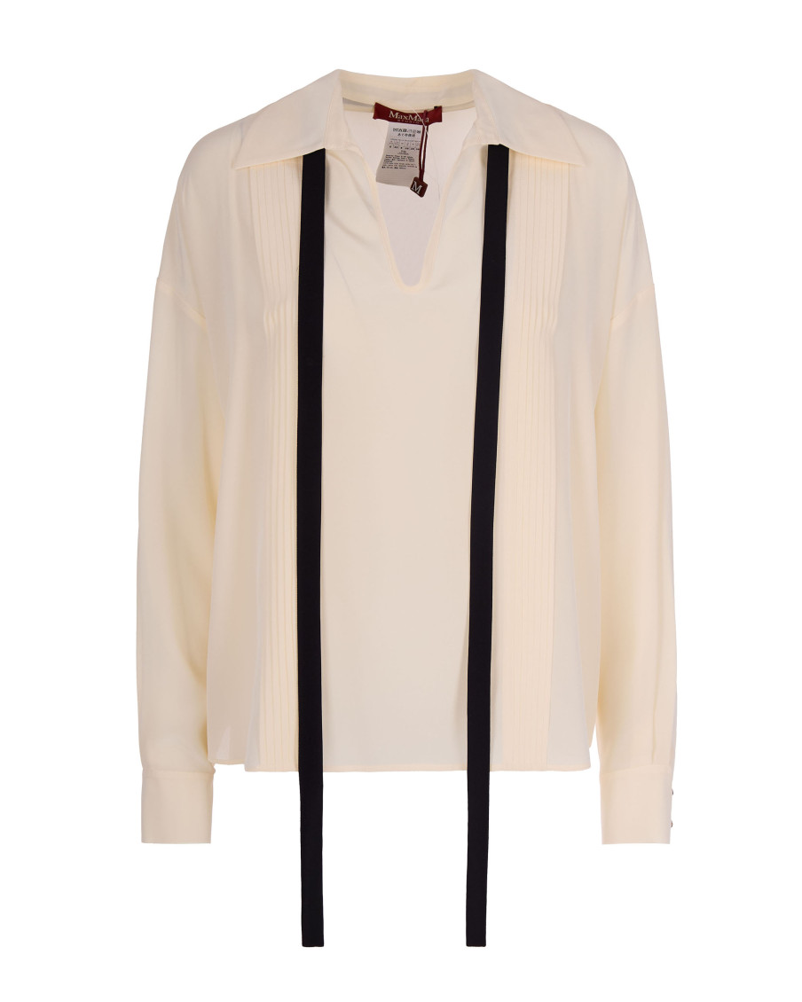 Beige Relaxed Tie Neck Pleated Shirt