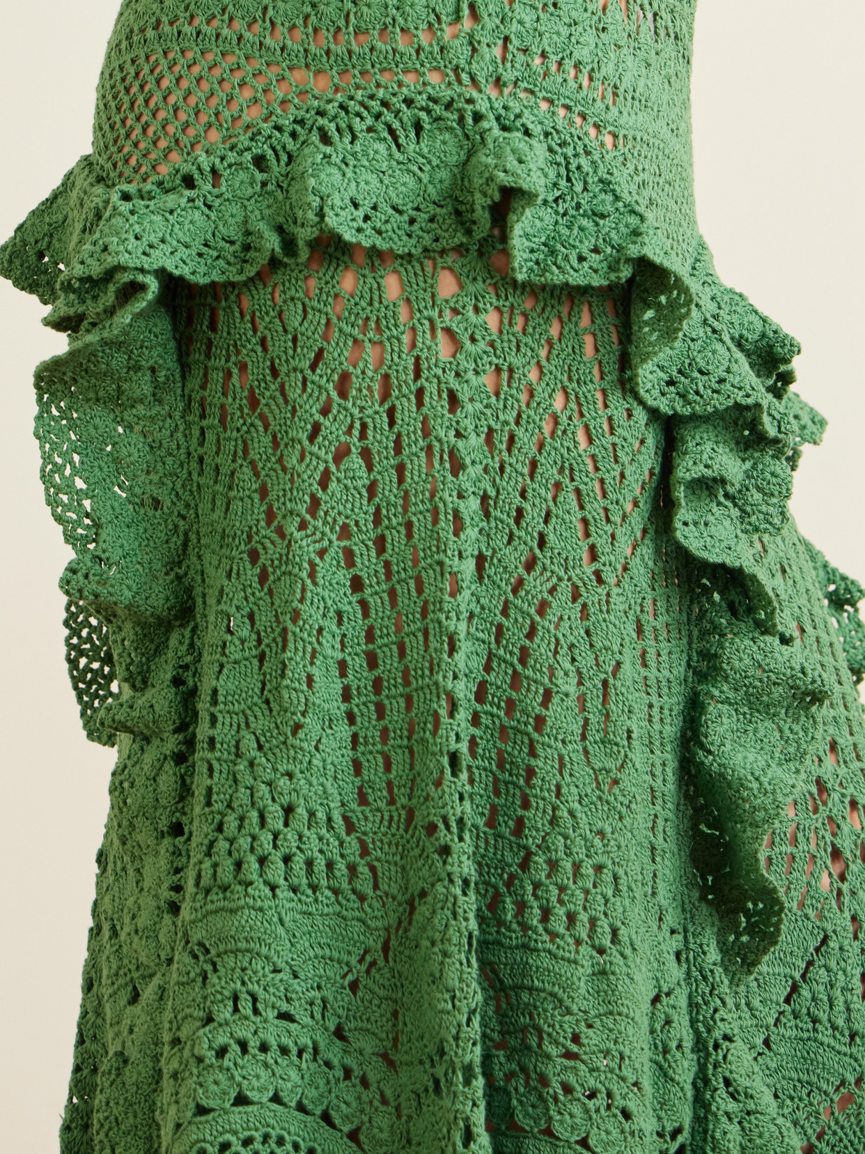 Floretta Ruffled Crocheted Cotton Midi Skirt - Green