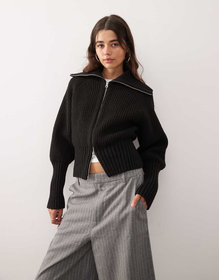 Rib knit zip through cardigan in black