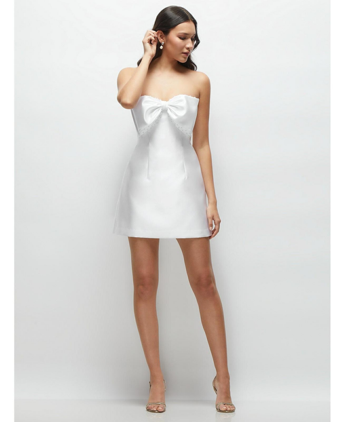 Women's Over d Bow Strapless Little White Mini Dress with Pearl Accents - White