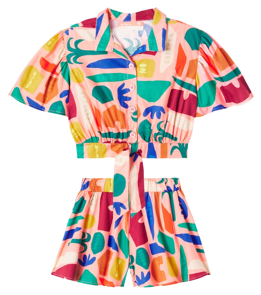 Fábula Printed cotton crop shirt and shorts set
