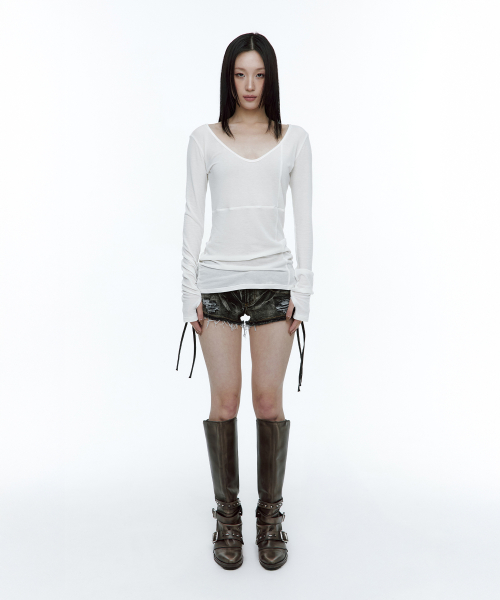 Lace-up side washed short pants