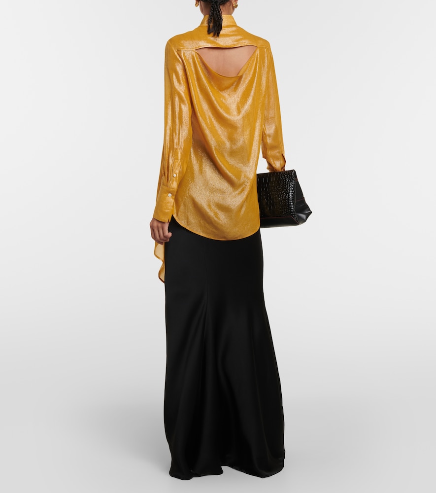 Draped tie-neck lamé blouse