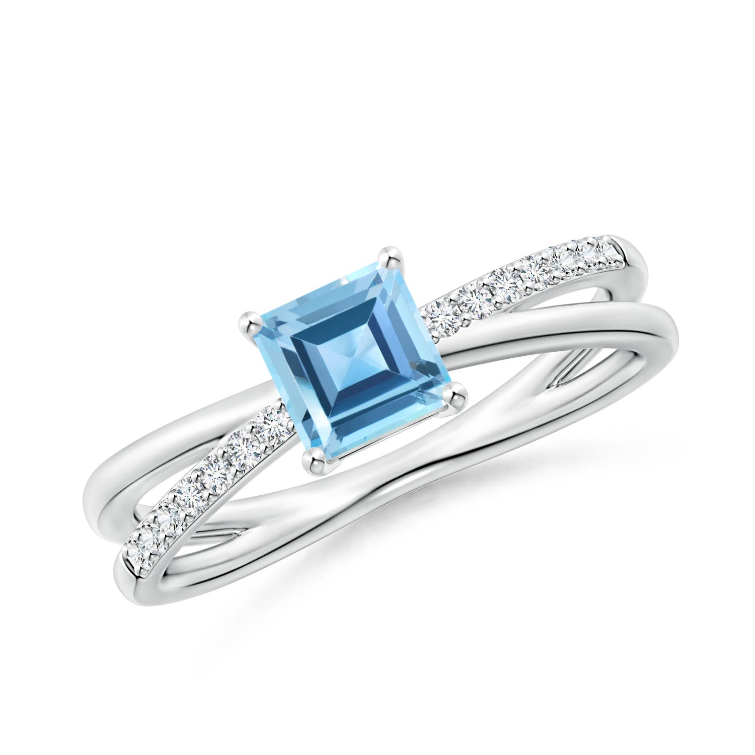 Angara 0.75 Carat Square Swiss Blue Topaz Crossover Shank Ring with Diamonds in Platinum