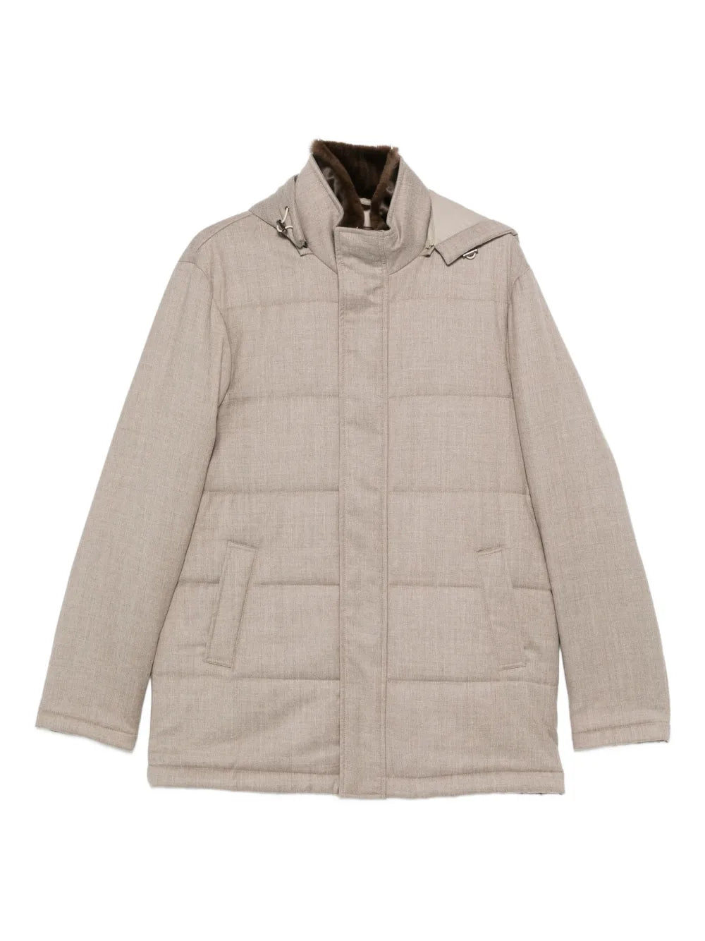Padded Hooded Down Jacket — Beige