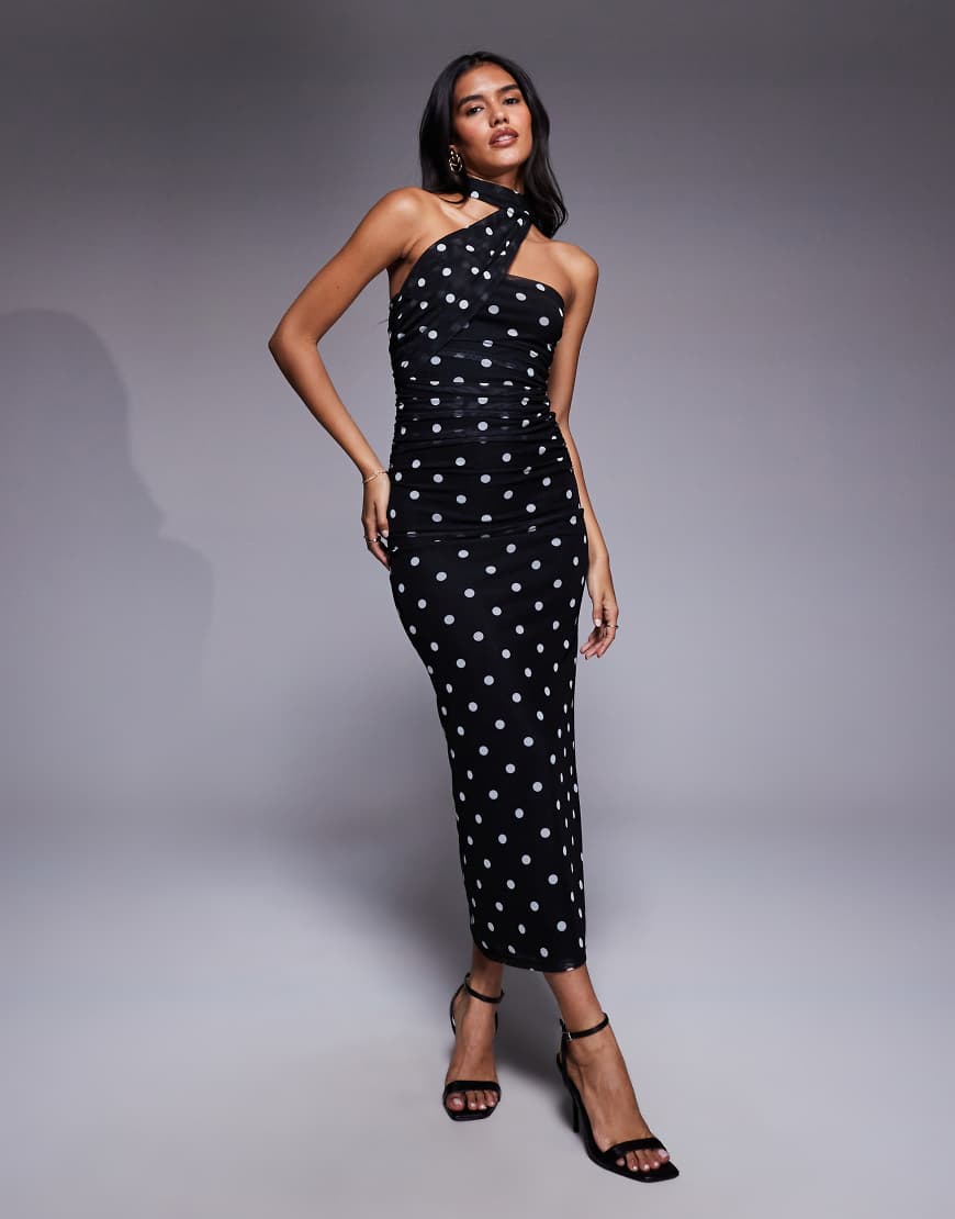 Printed polka dot bandeau maxi dress with scarf detail in black