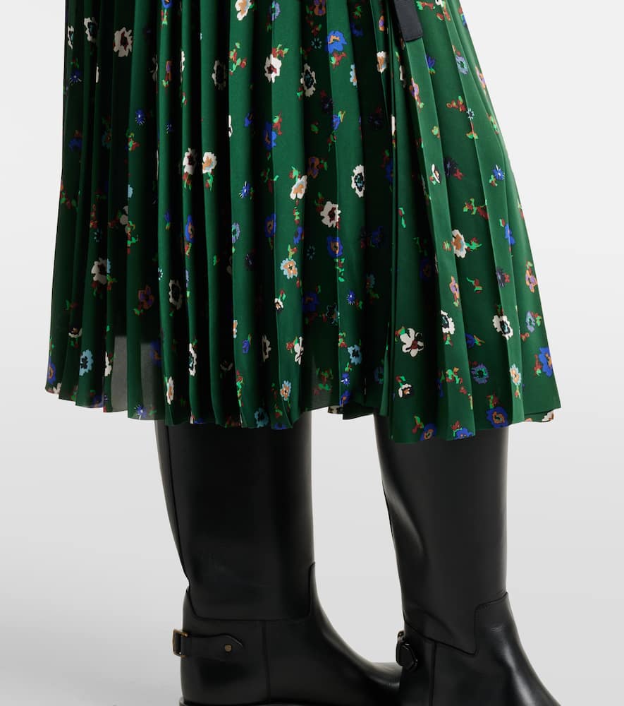 Floral plissé satin midi skirt