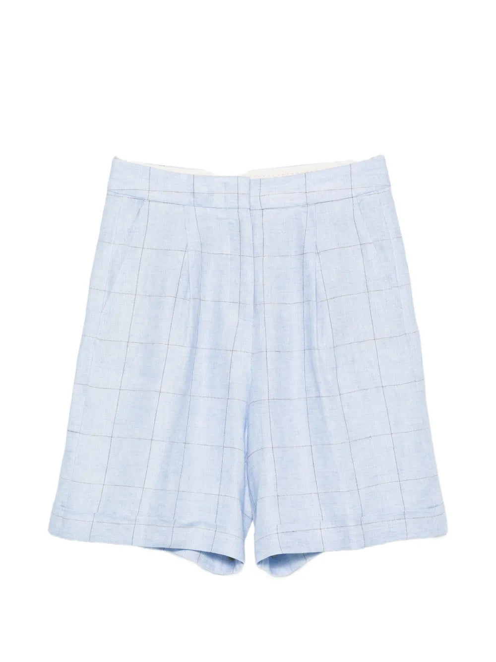 Check-Pattern Linen Shorts — Light Blue