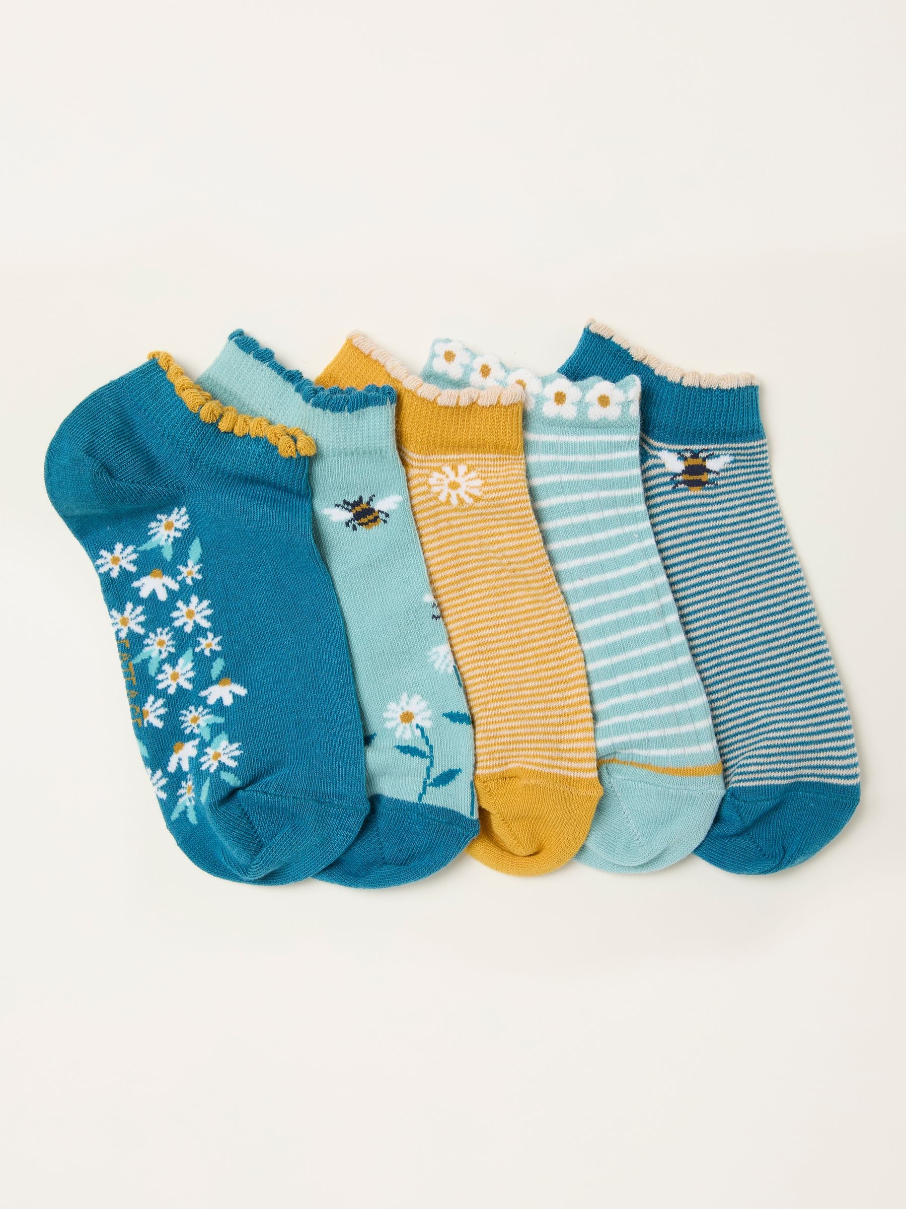 FatFace Mustard Yellow 5 Pairs of Bee Trainer Socks