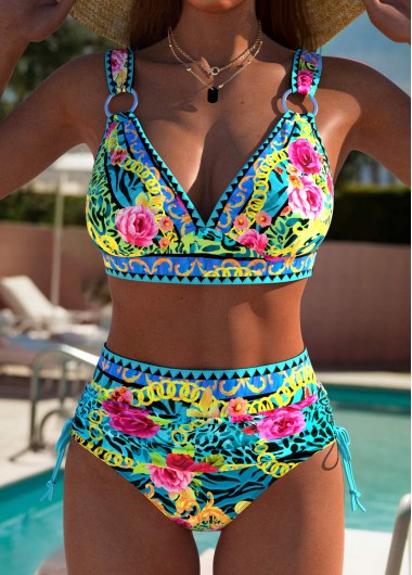 Modlily High Waisted Floral Print Cyan Bikini Set