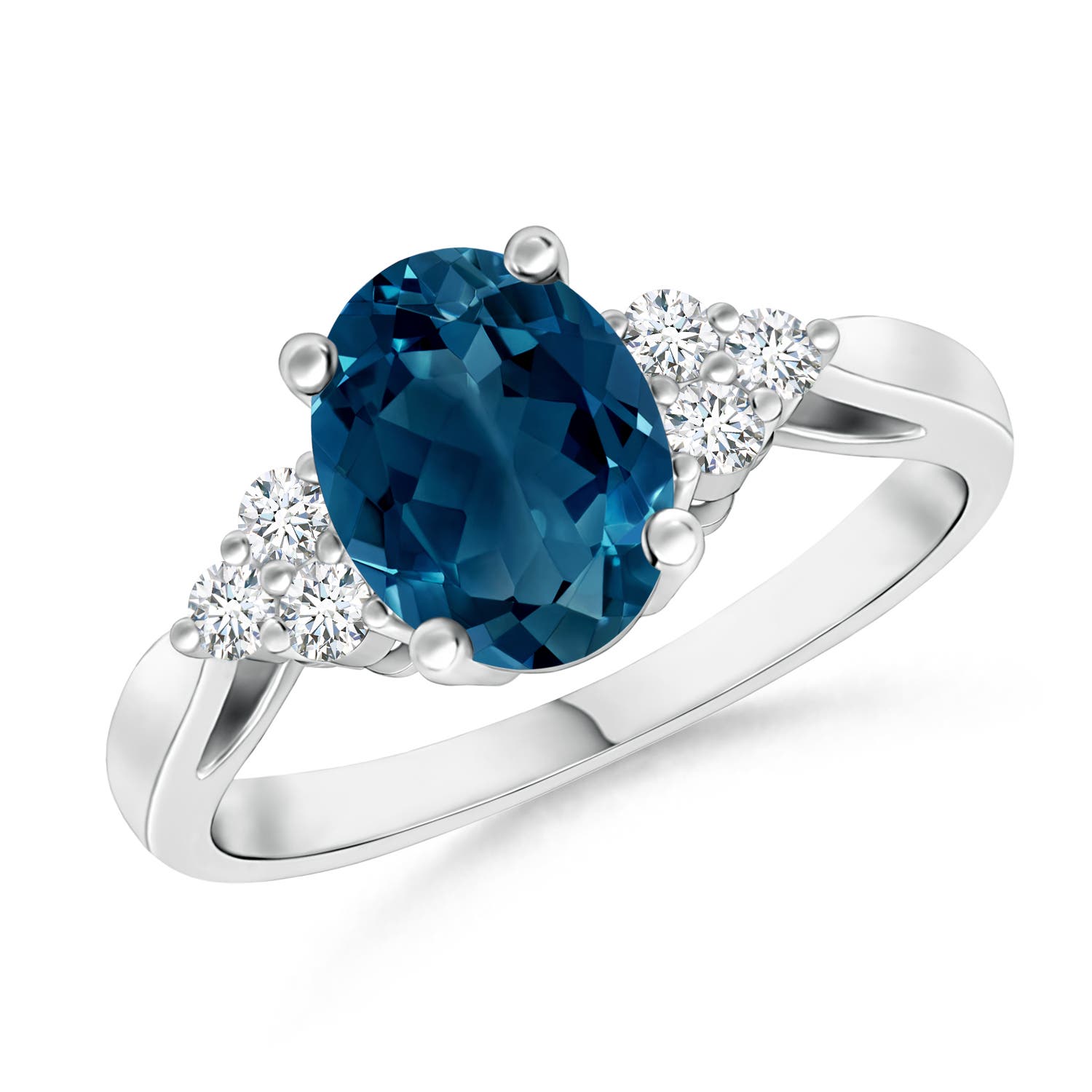 Angara 1.5 Carats Oval London Blue Topaz Cocktail Ring with Trio Diamonds in Platinum
