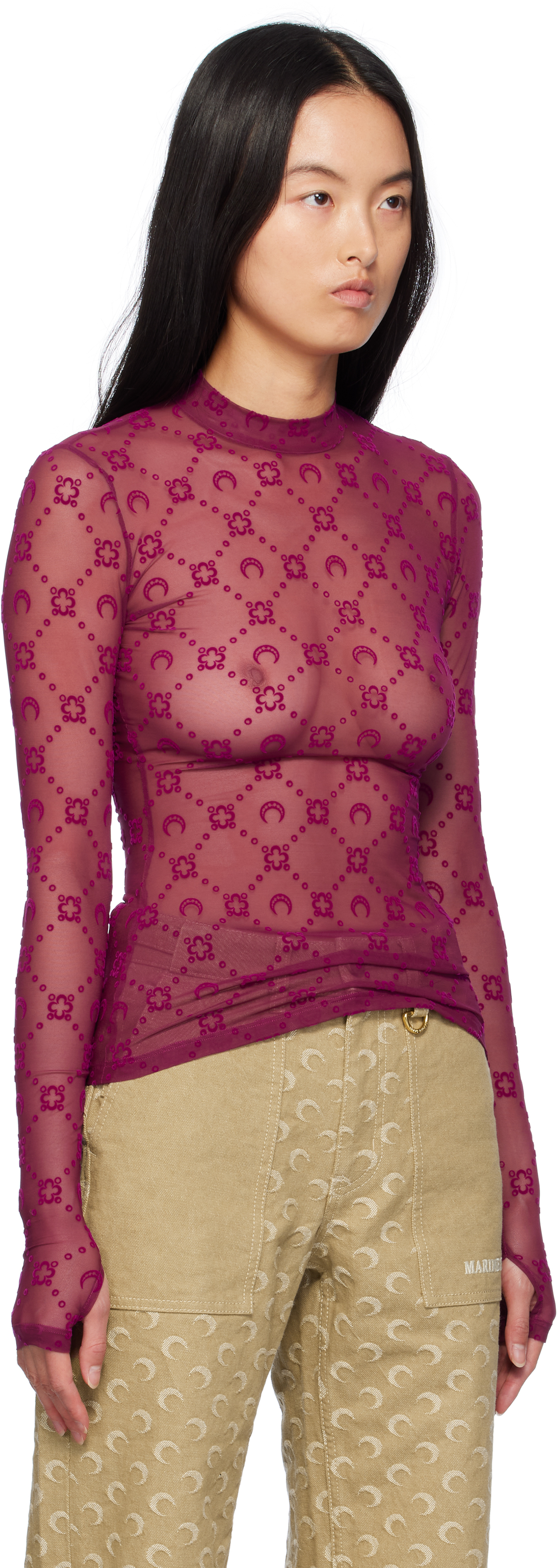 Marine Serre Purple Moonogram Mesh Flock Second Skin Top