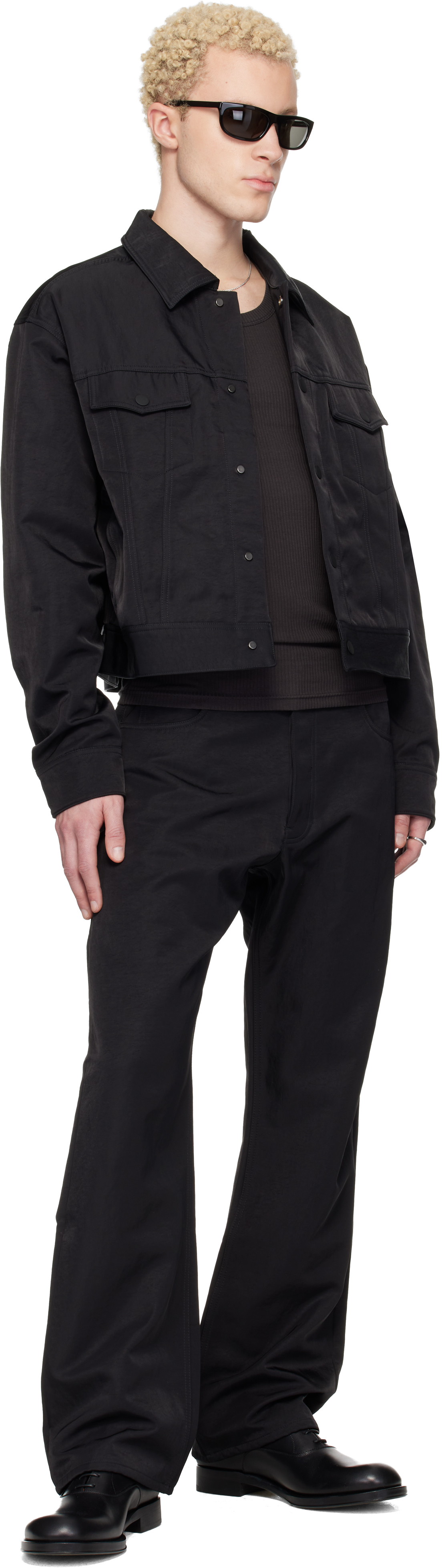 Black Textured Nylon Trucker Jacket