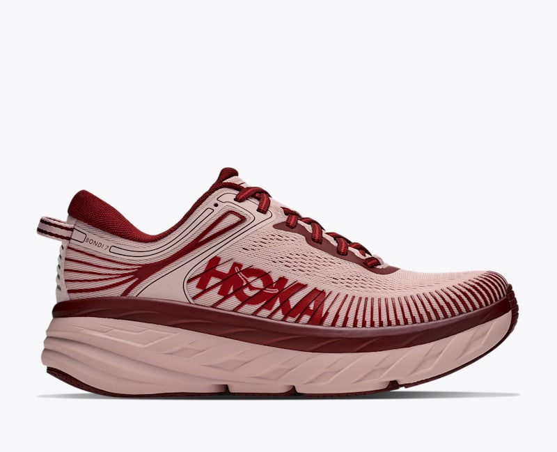 HOKA Women's Bondi 7 Shoes in Pink Opal/Varsity Burgundy