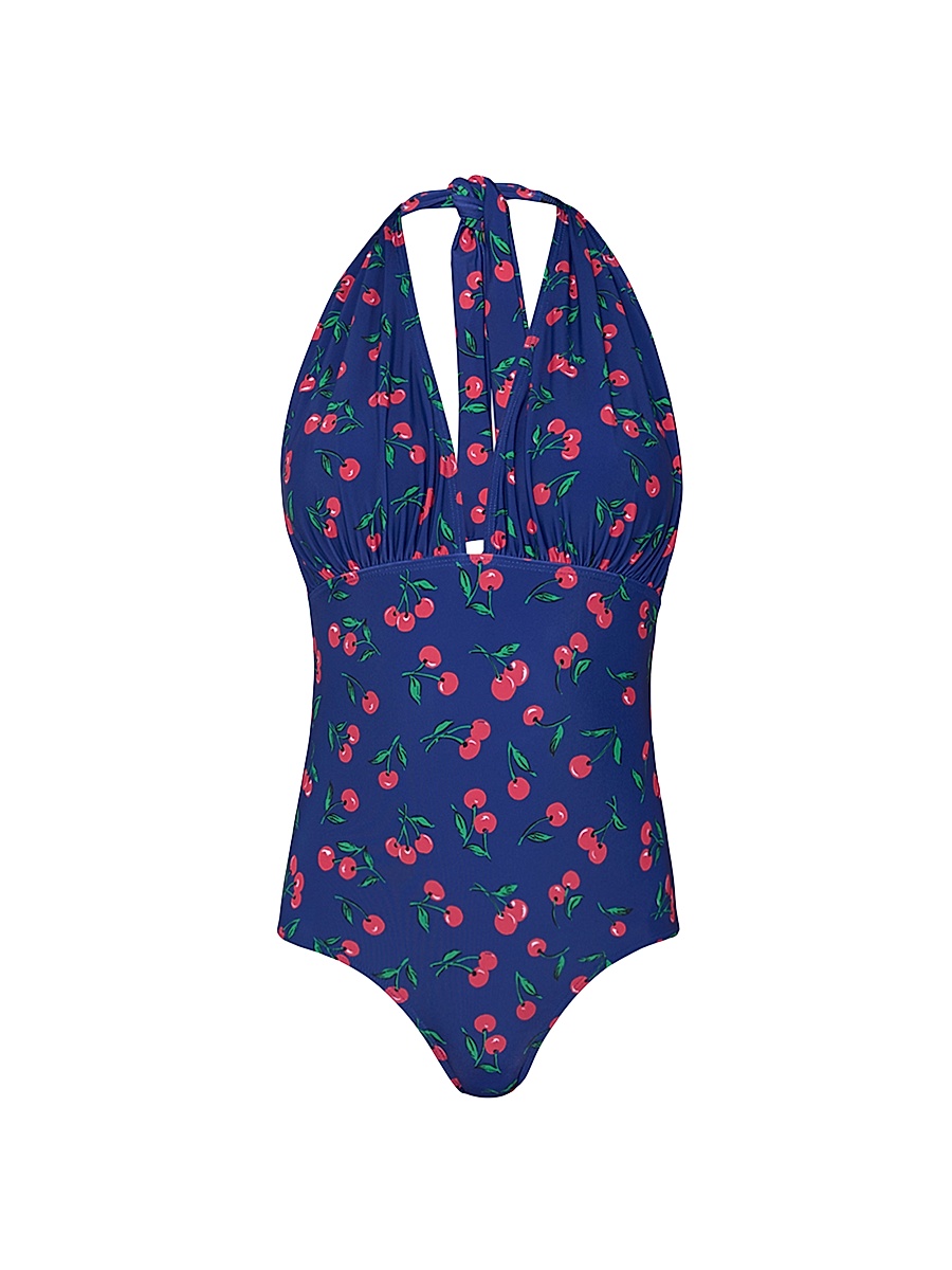 Women's Cherry Print Halterneck One-Piece Swimsuit - Navy Red Green