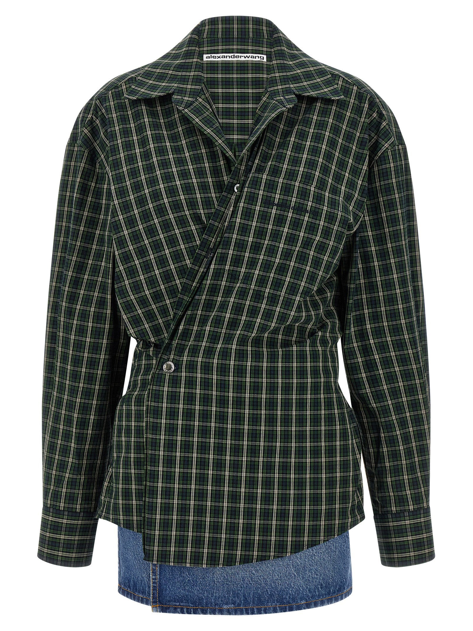 Check Print Mixed-Fabric Dress — Green
