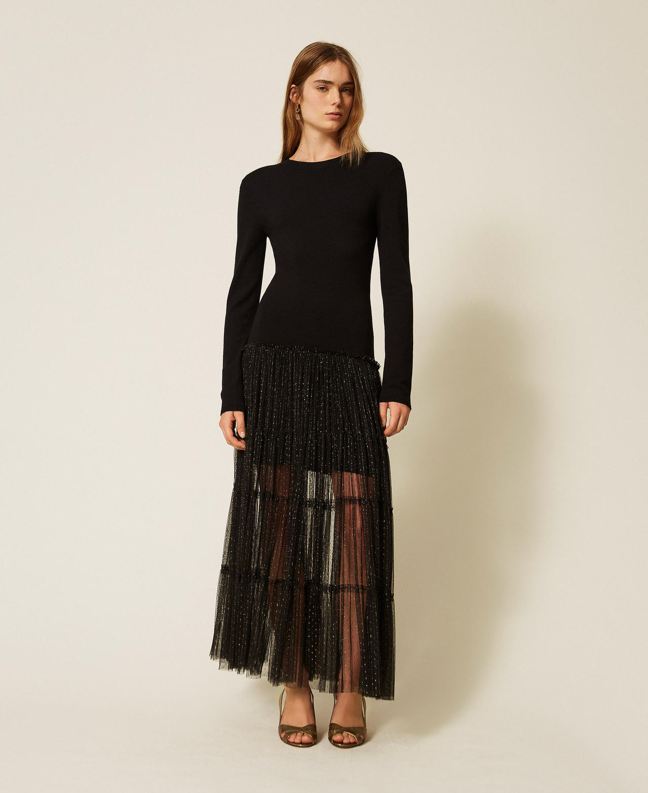 Long knit dress with plumetis tulle
