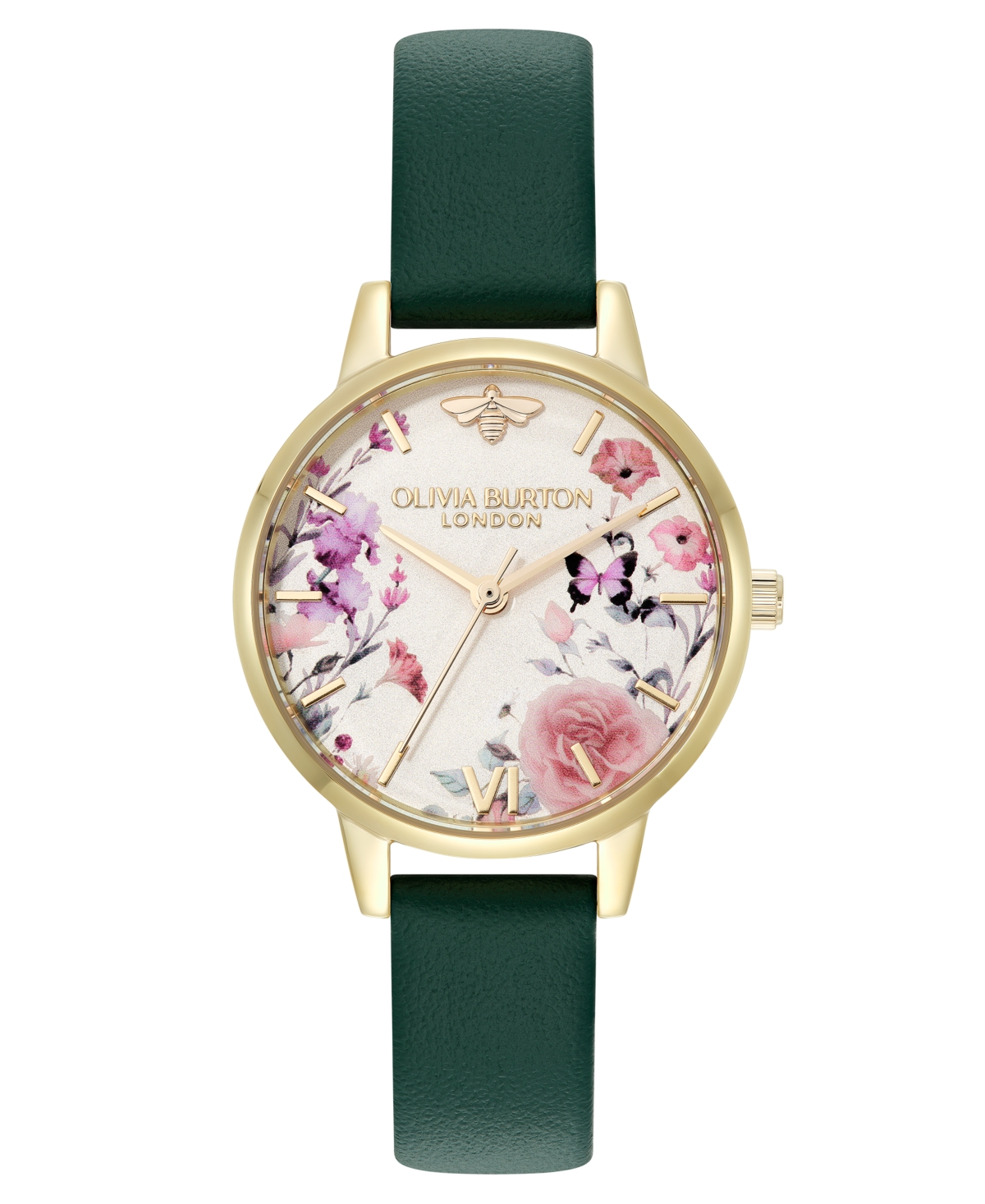 Women's Illustrated Floral Green Calfskin Leather Strap Watch, 30mm - Green