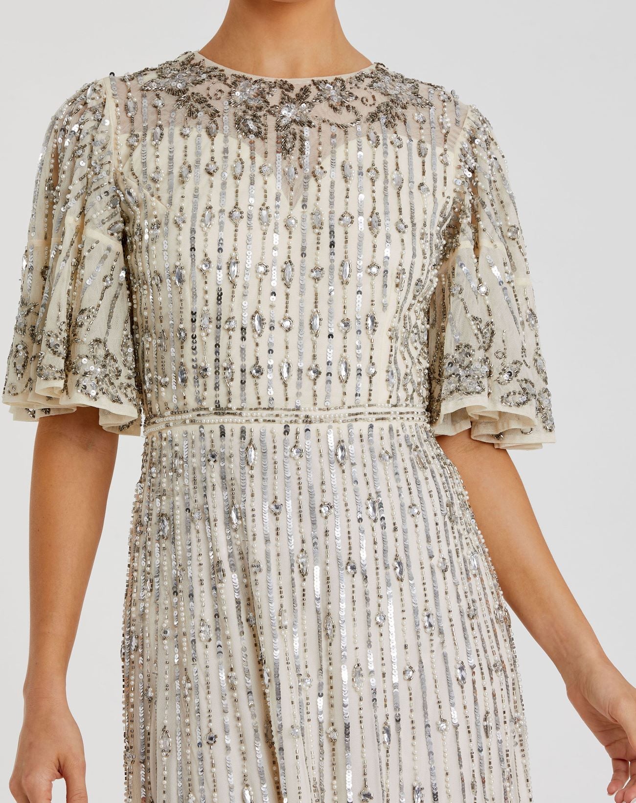 Flounce Sleeve Midi Dress In Sand Silver