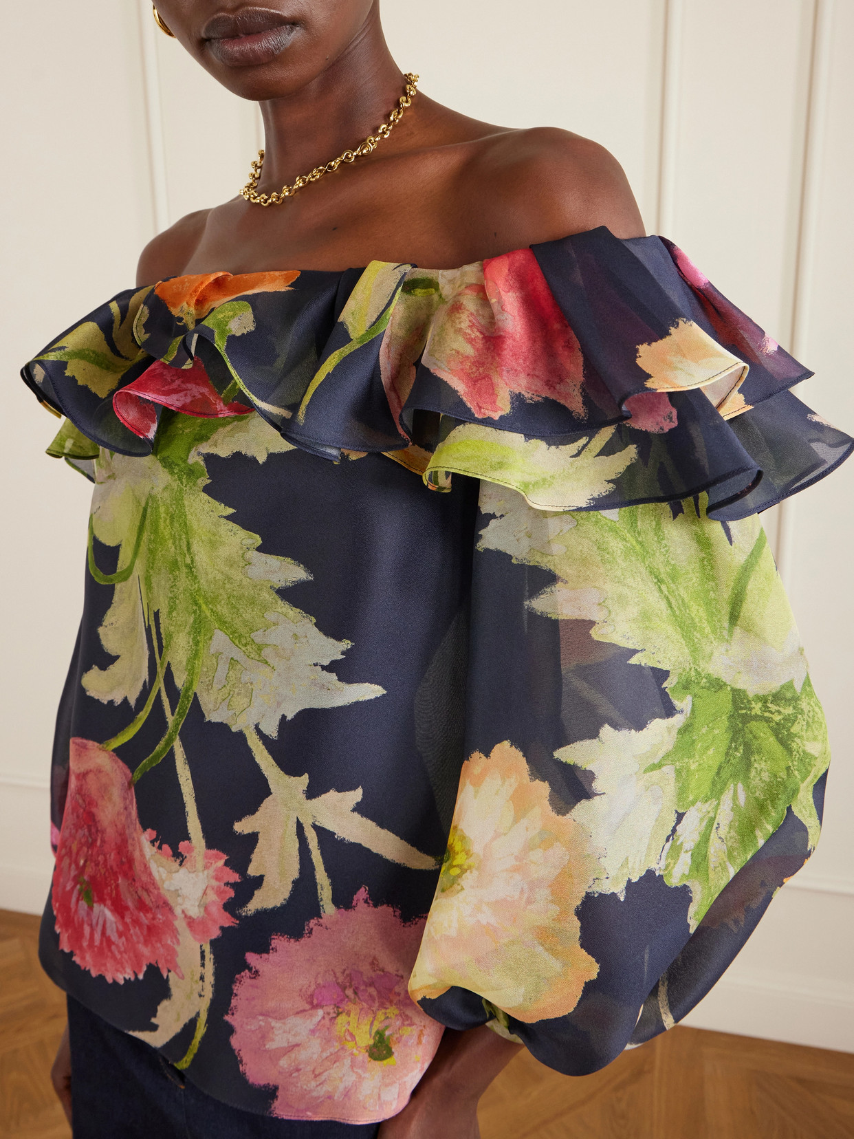 Off-the-shoulder Floral-print Silk-organza Top - Blue