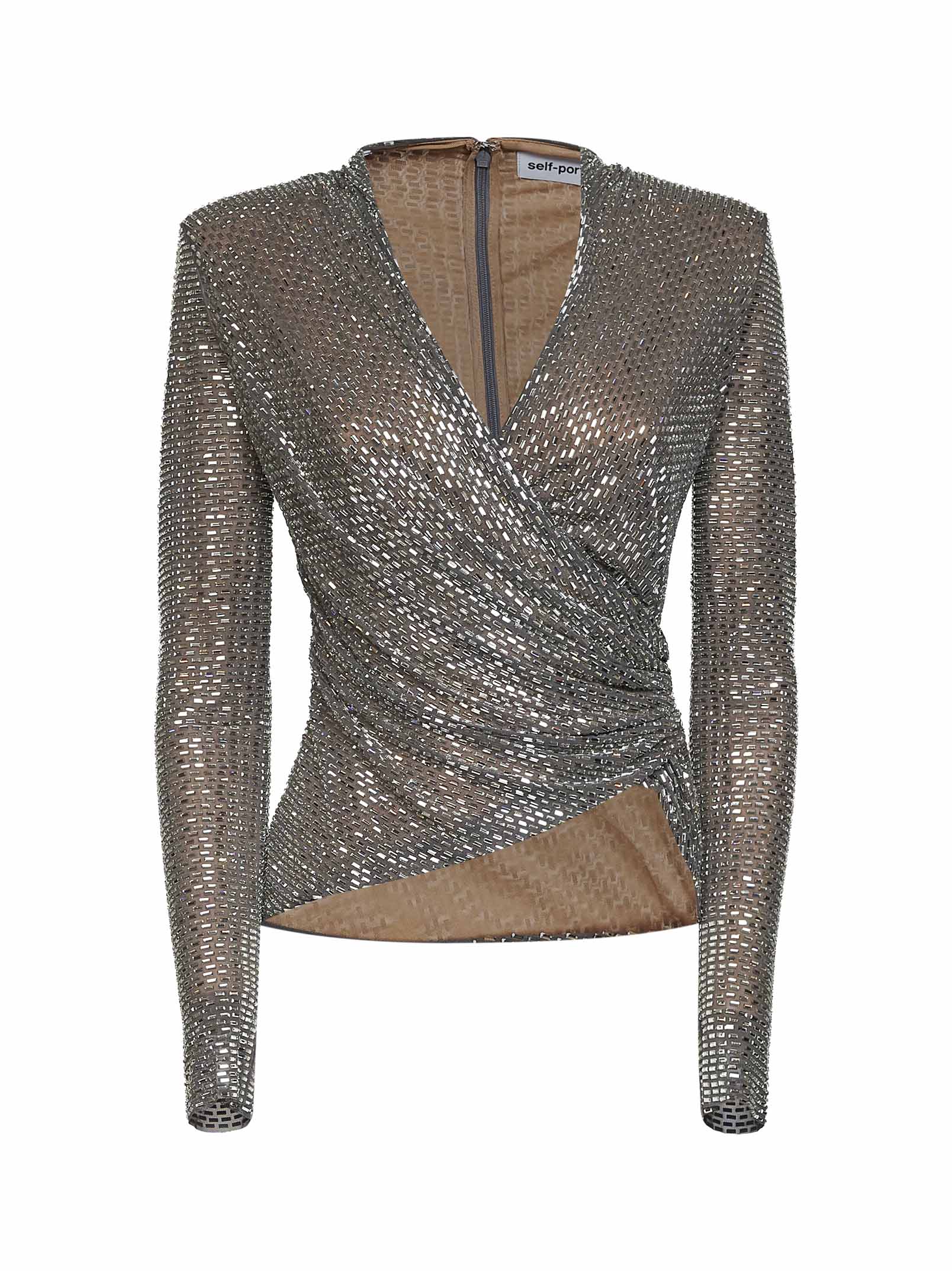 Rhinestone-Embellished Mesh Wrap Blouse — Gray