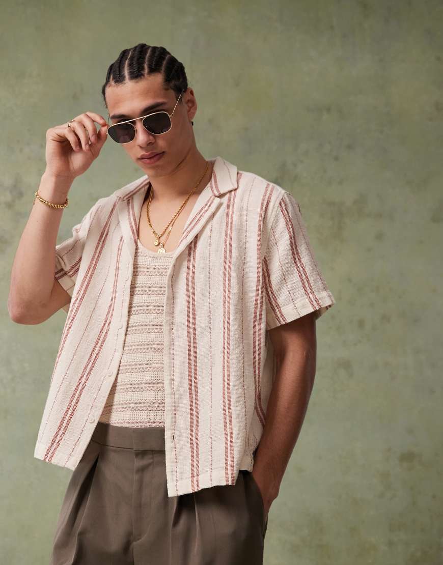 ASOS DESIGN boxy deep camp collar shirt in neutral stripe-White