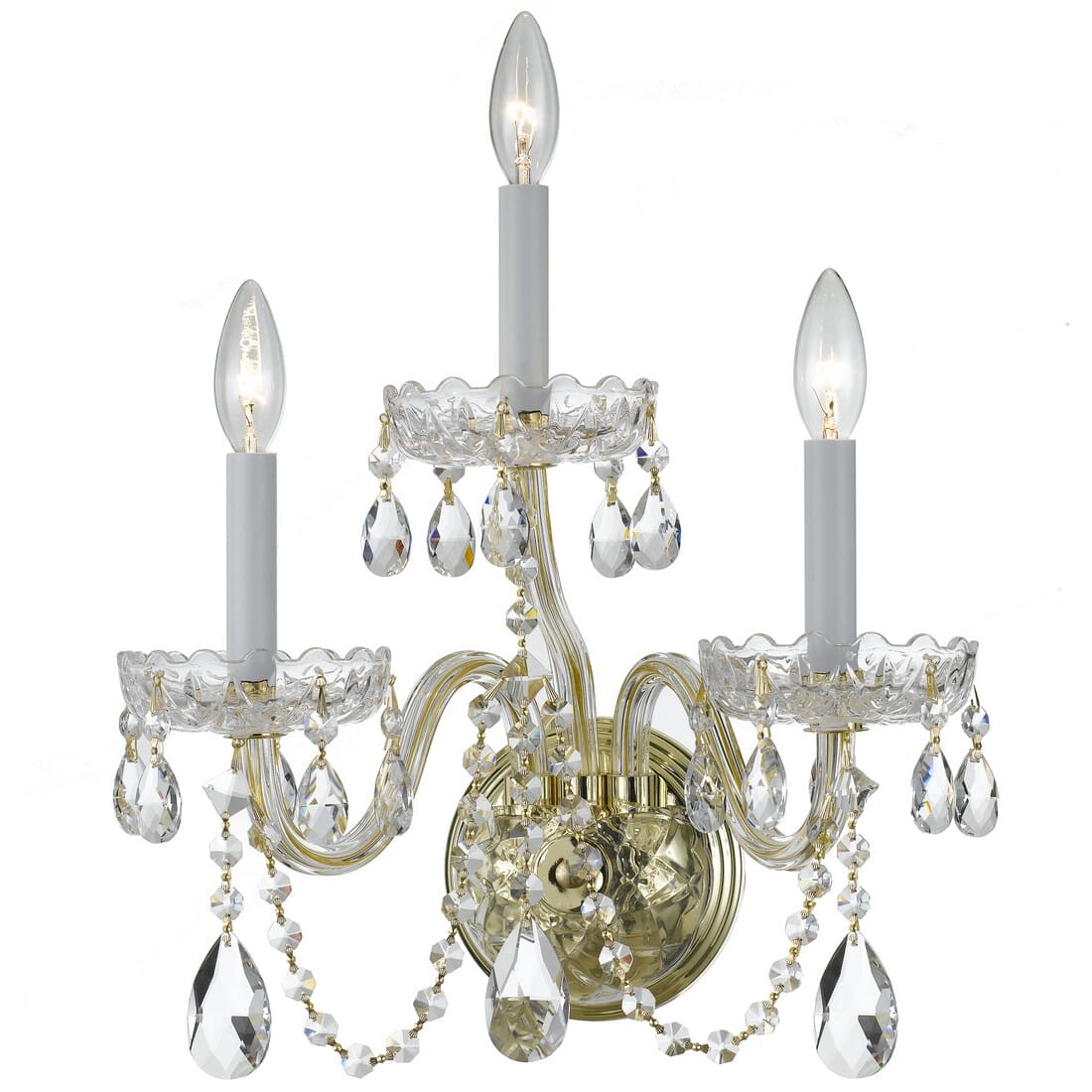 Traditional Crystal 3-Light 15" Wall Sconce in Polished Brass with Clear Hand Cut Crysta